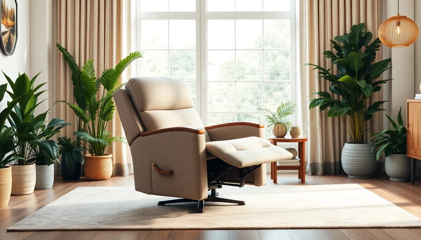 Power lift recliner positioned elegantly in a cozy living room with natural lighting and plants.