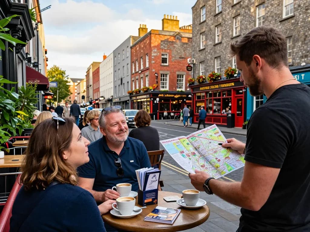 Welcoming scene of airbnb management dublin, local host engaging with guests in vibrant Dublin setting.
