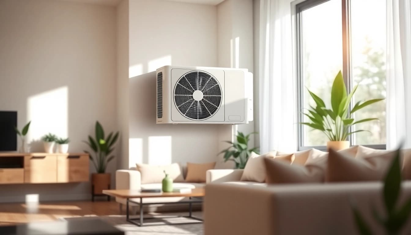 Mini split ac unit enhances comfort in a modern living room filled with stylish decor.