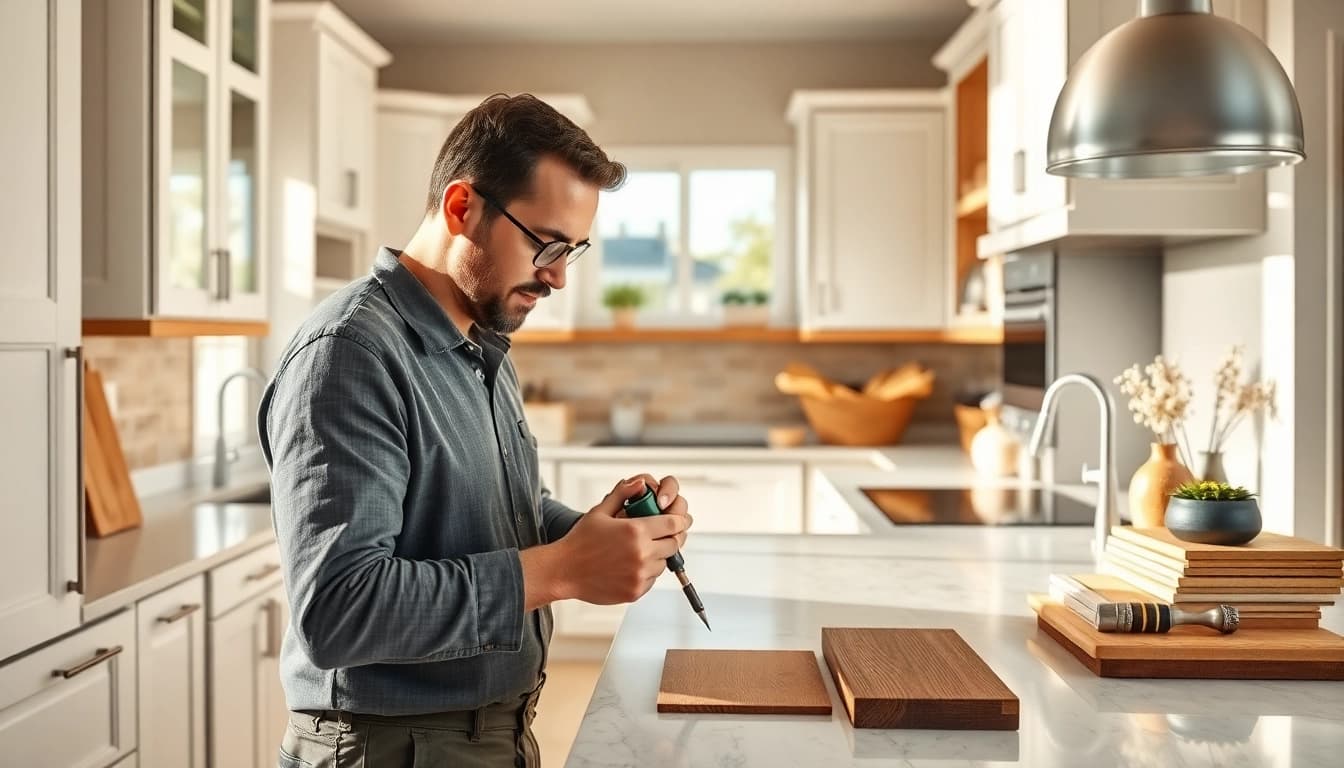 Craftsman showcasing cabinet refacing Clearwater FL in a bright, modern kitchen.