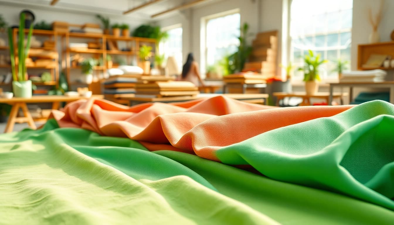 Duurzame stoffen in verschillende kleuren en texturen, harmonieus gepresenteerd in een workshop omgeving.