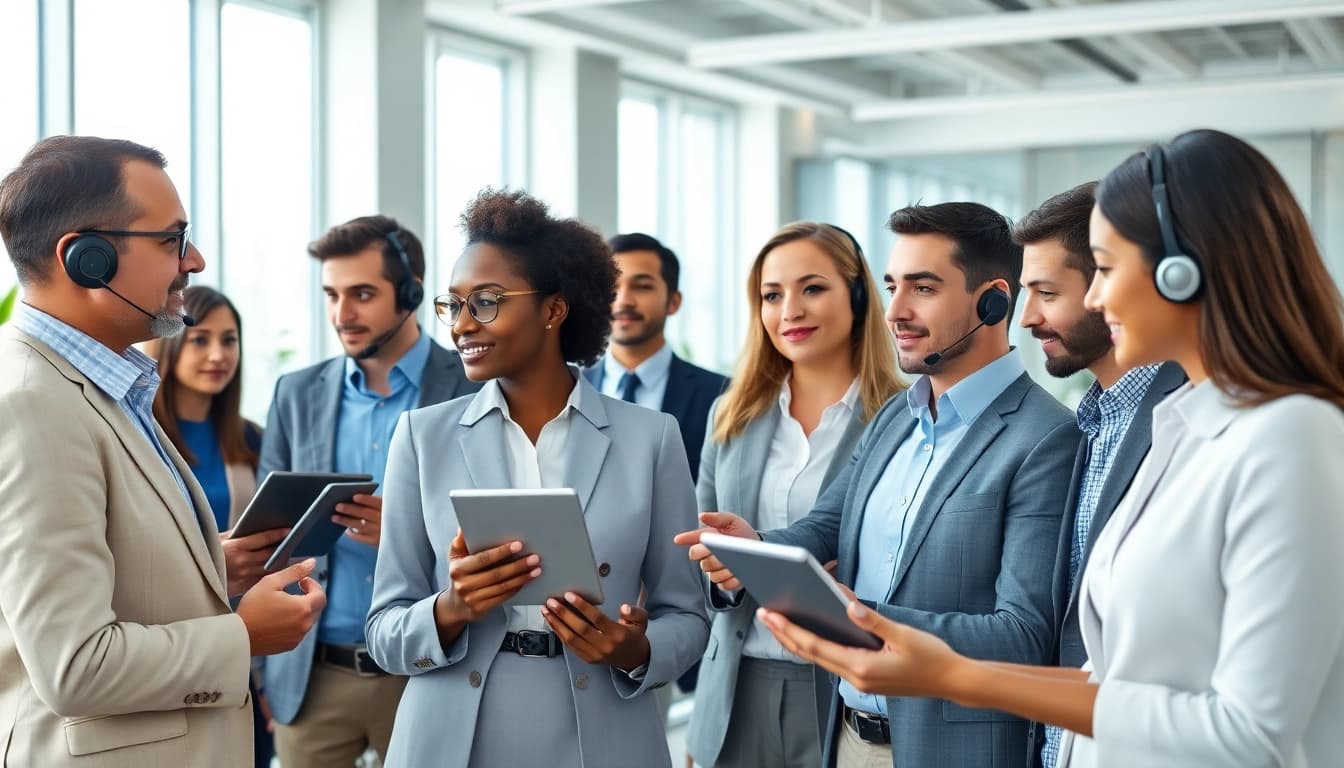Business professionals collaborating seamlessly with cloud business phone system technology in a modern office.