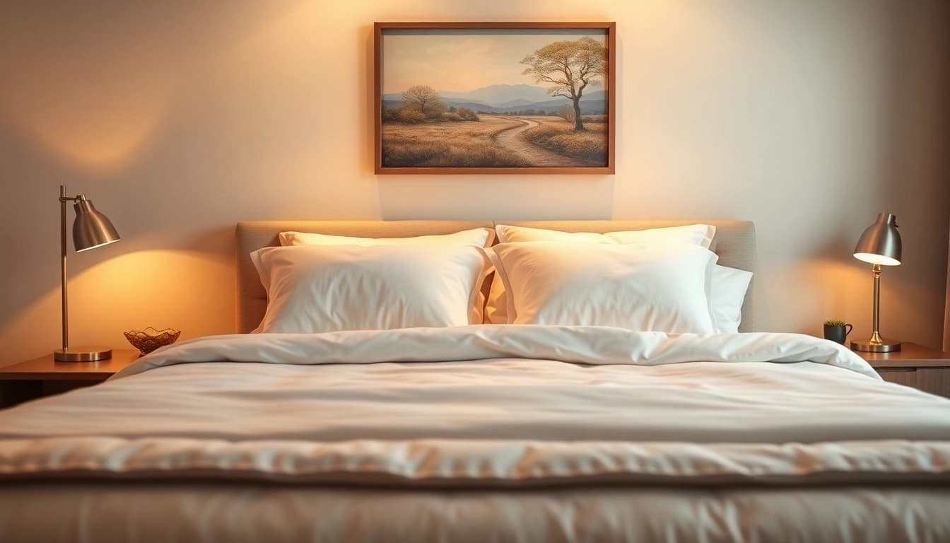 Luxurious king bed adorned with plush linens and decorative pillows in a tranquil bedroom setting.
