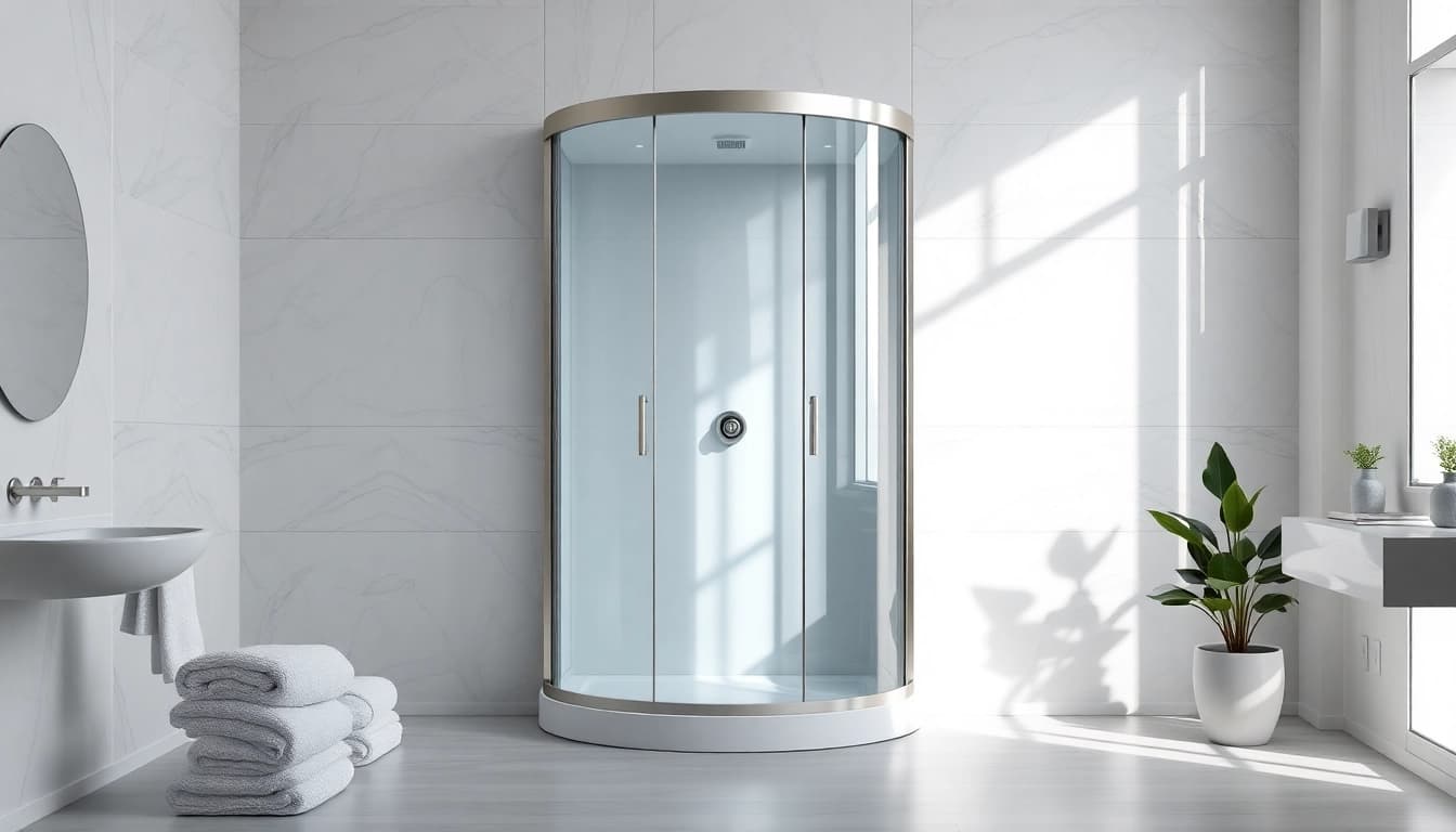 Entdecken Sie die Duschkabine 100x100 Pendeltür im luxuriösen Badezimmer mit modernem Design.