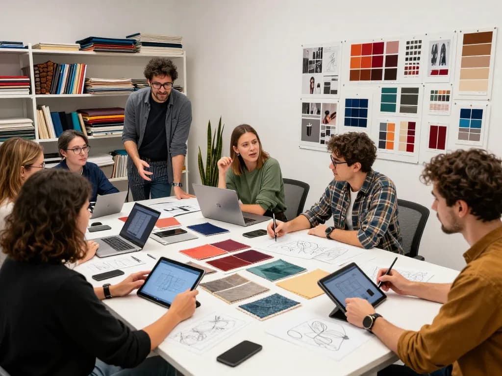Sunwin textile design studio with professionals collaborating on innovative fabric samples and ideas.