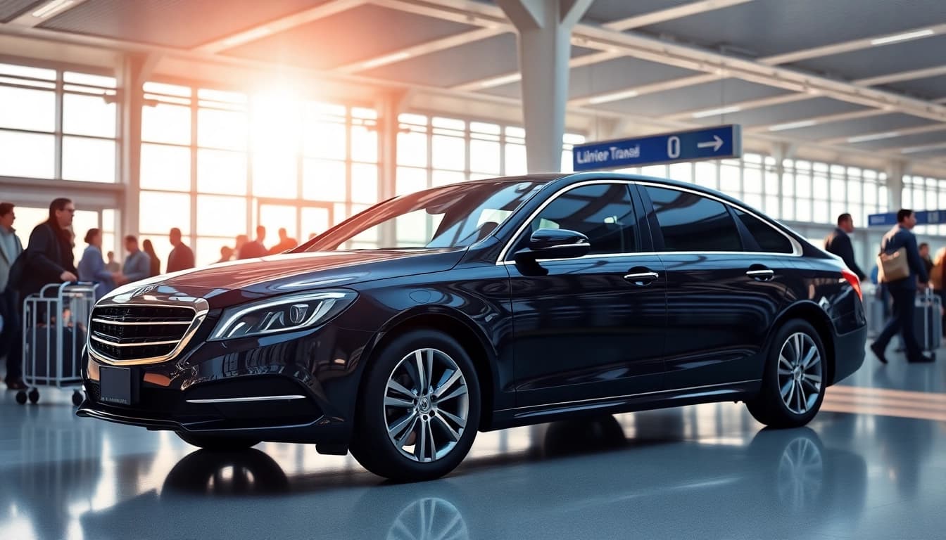 Efficient airport transfers with a professional sedan parked at a busy airport terminal.
