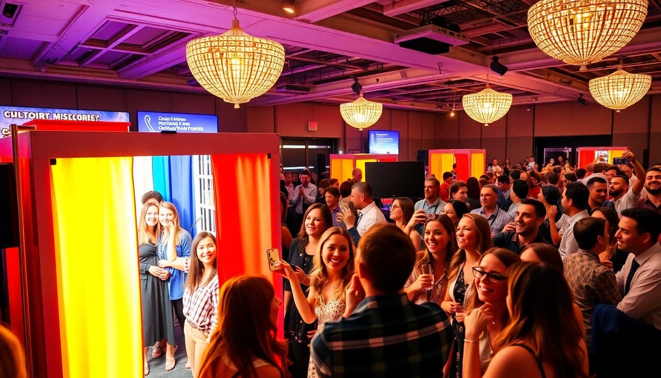Guests enjoying a vibrant photo booth rental Chicago setup at a lively event.