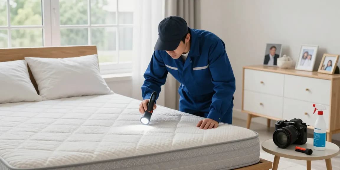 Bed bug exterminator inspecting a mattress with specialized tools in a bright bedroom.