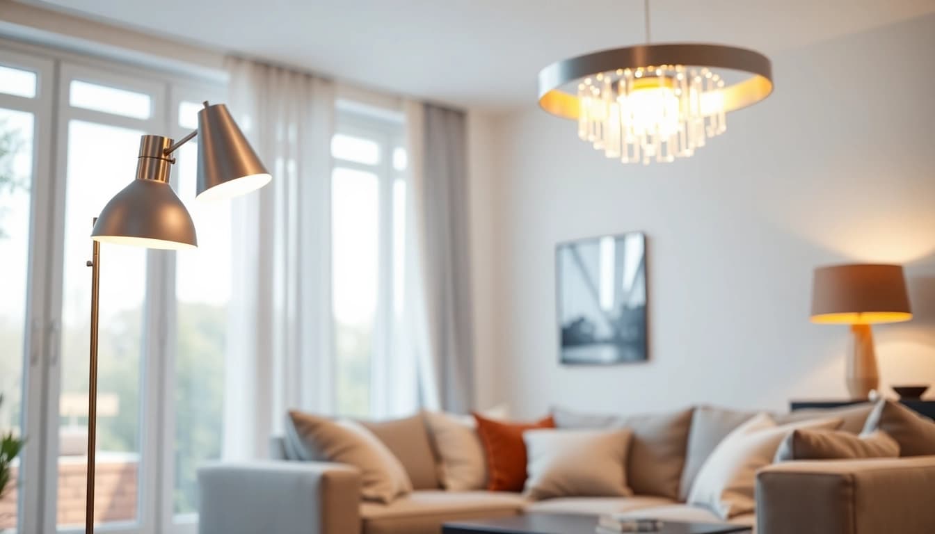 Beautiful living room decor with modern lighting fixtures, emphasizing Shop ModernLighting.
