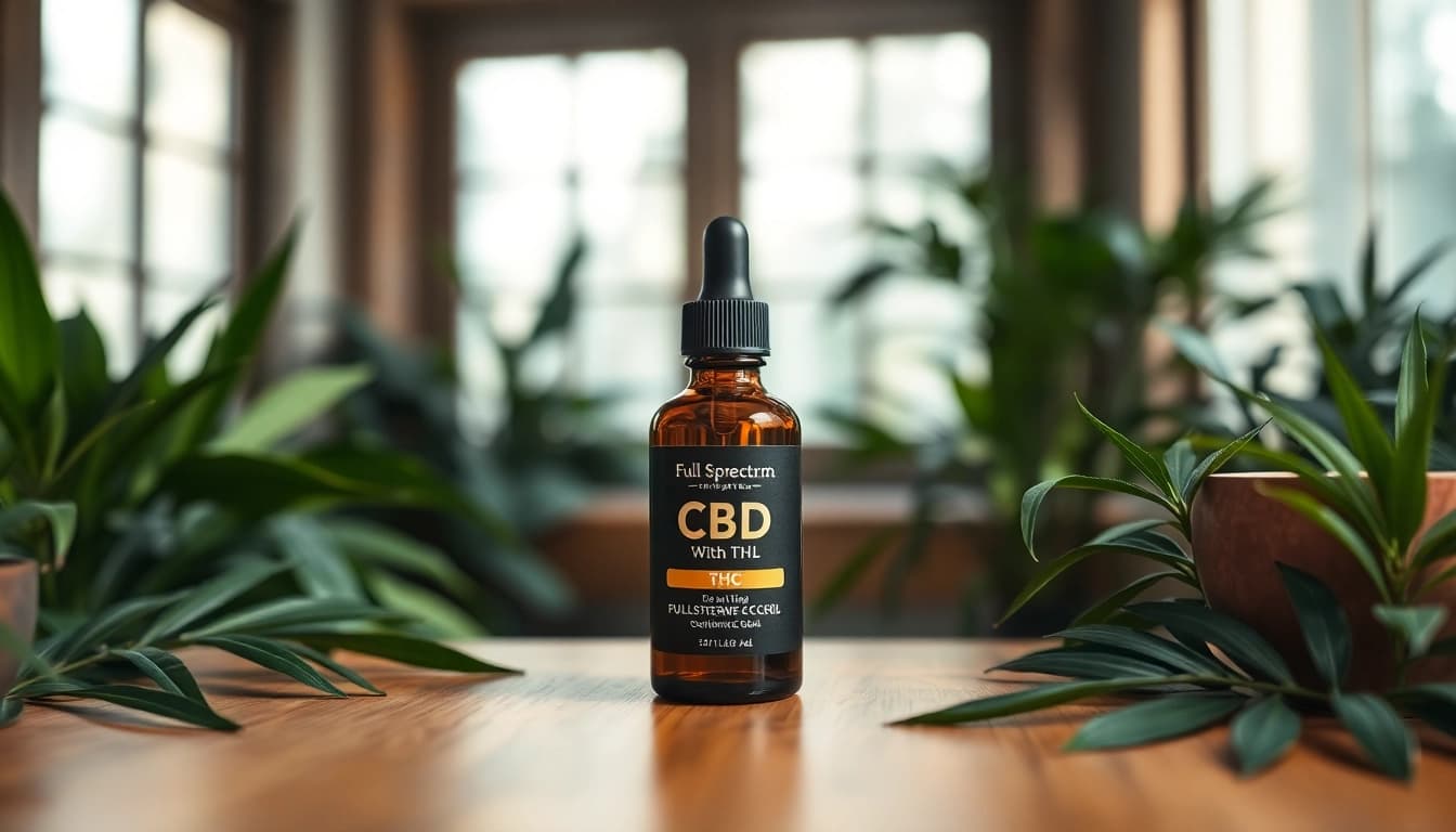 Showcase full spectrum CBD oil with THC in an elegant wellness setting amidst lush greenery.