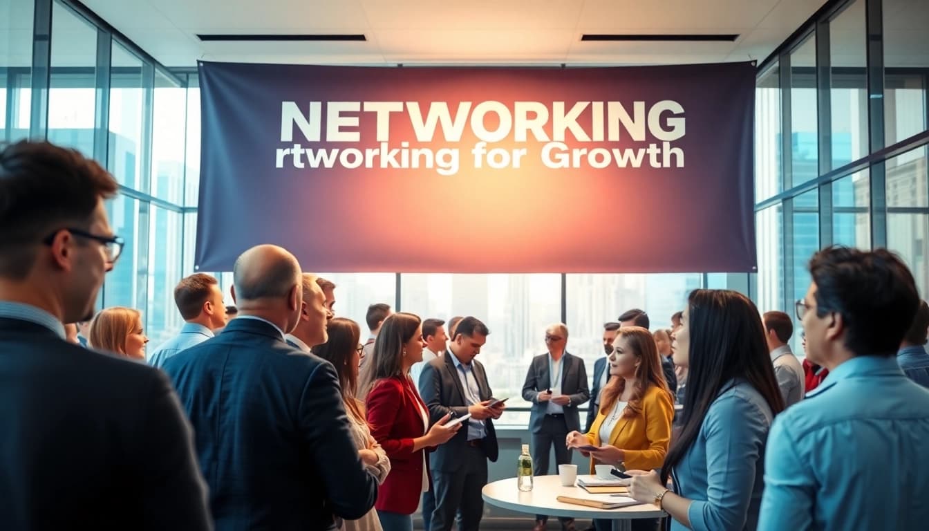 Engaged professionals at construction networking events discussing opportunities in a bright conference room.