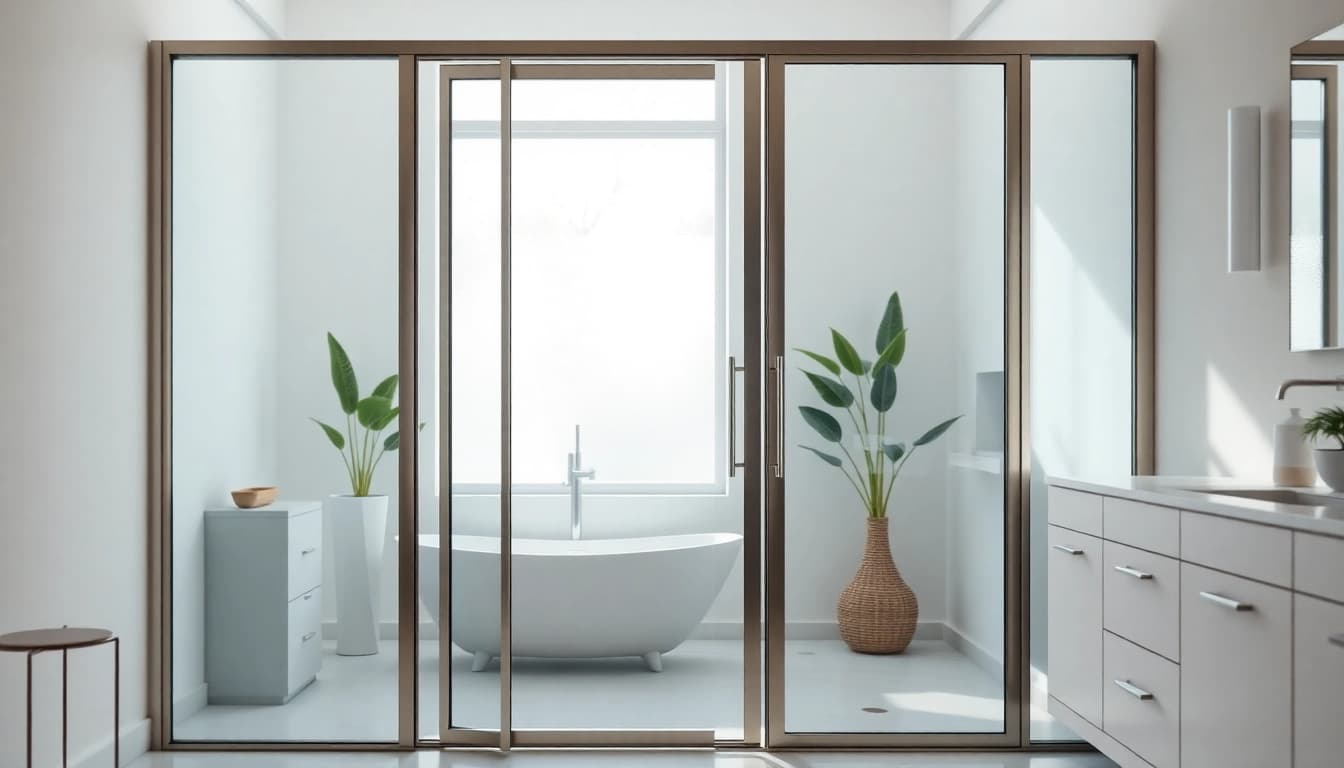 Showcase of glass shower doors highlighting elegant, modern design in a bright bathroom setting