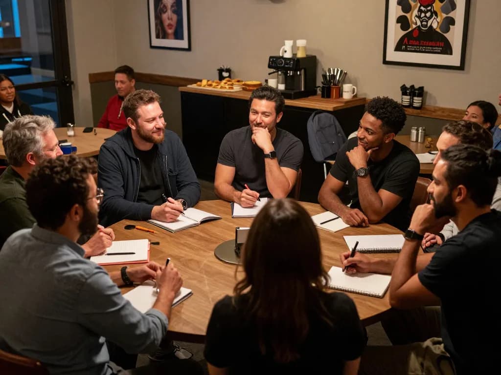 Men in a supportive manclub meeting sharing thoughts and experiences.