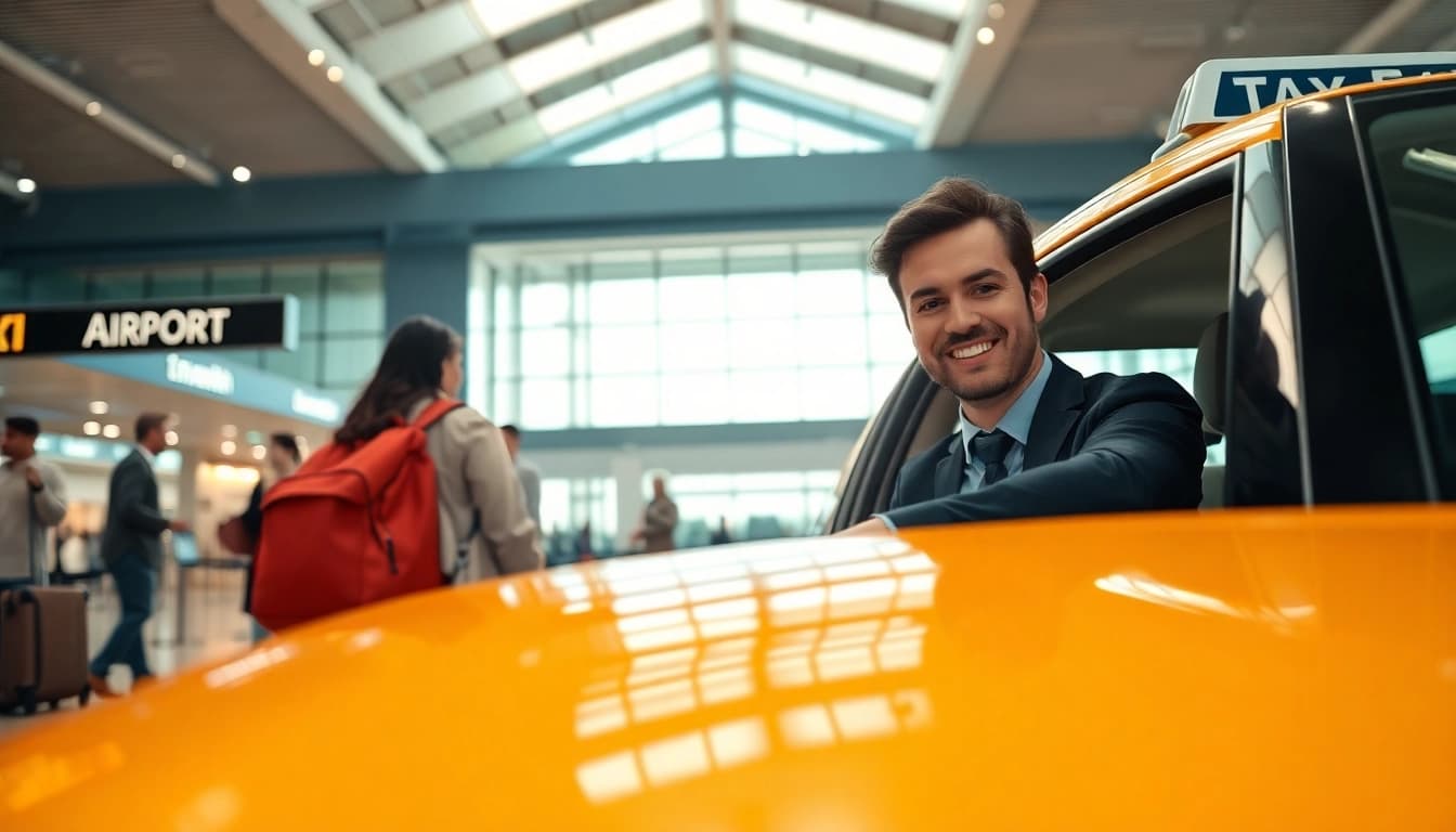 Taxi driver helping traveler at Luton airport, showcasing convenience and service.