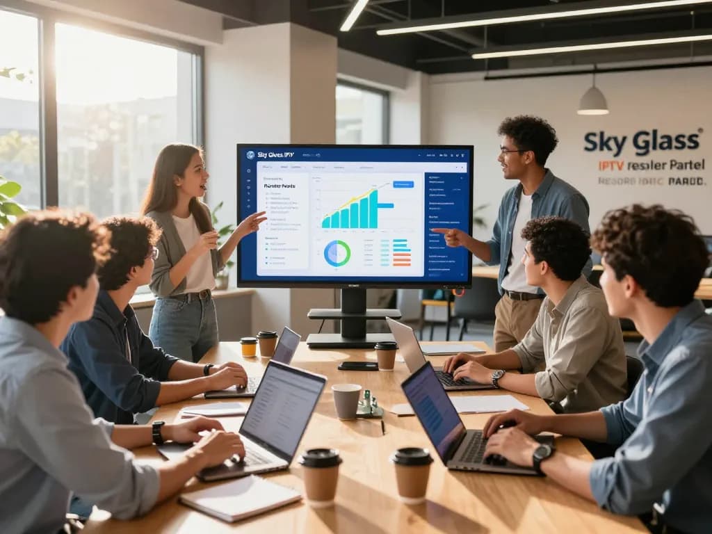 Entrepreneurs discussing strategies using the Sky Glass IPTV Reseller Panel, showcasing a modern co-working space.