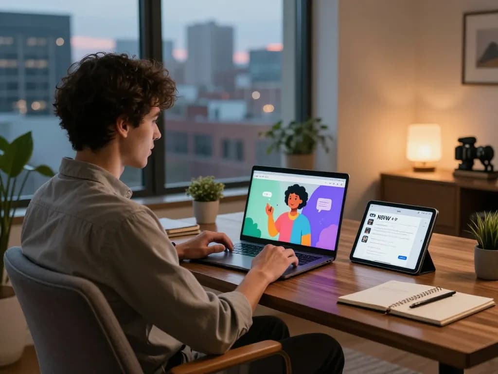 Interactive nsfw chat ai conversation in contemporary home office with casual ambiance.