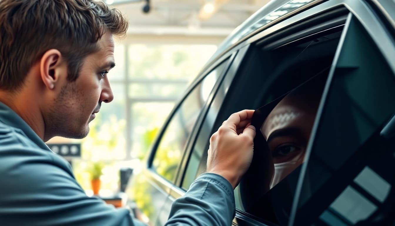 Applying window tint near me to enhance vehicle aesthetics and protect interiors.