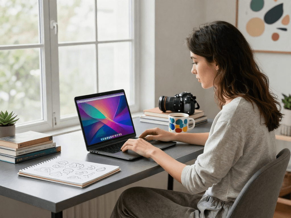 A creative woman focused on nsfw digital artwork in a modern home office, surrounded by art books and natural light.