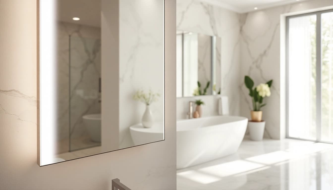 Shiny elegant LED mirror reflecting light in a sophisticated bathroom setting.