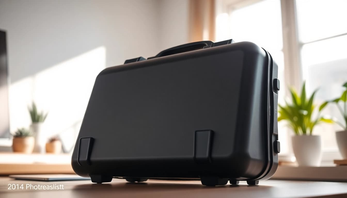 Showcasing a sturdy Hard case in a modern workspace with sleek design and protective features.