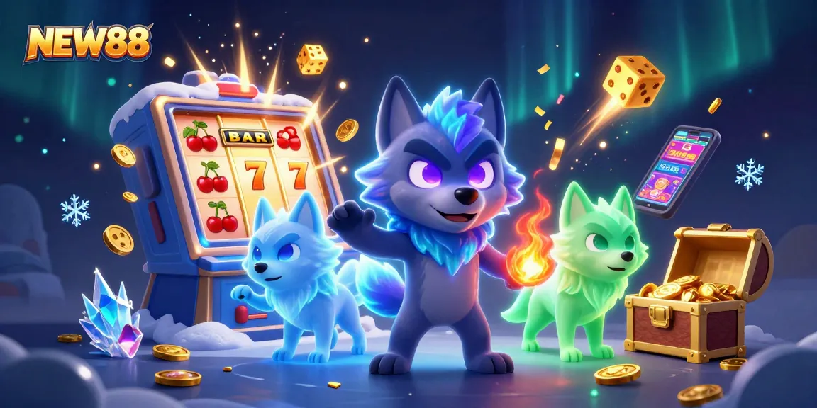 Watch NEW88's shadow wolf pack leader with glowing eyes celebrate in a vibrant casino explosion.