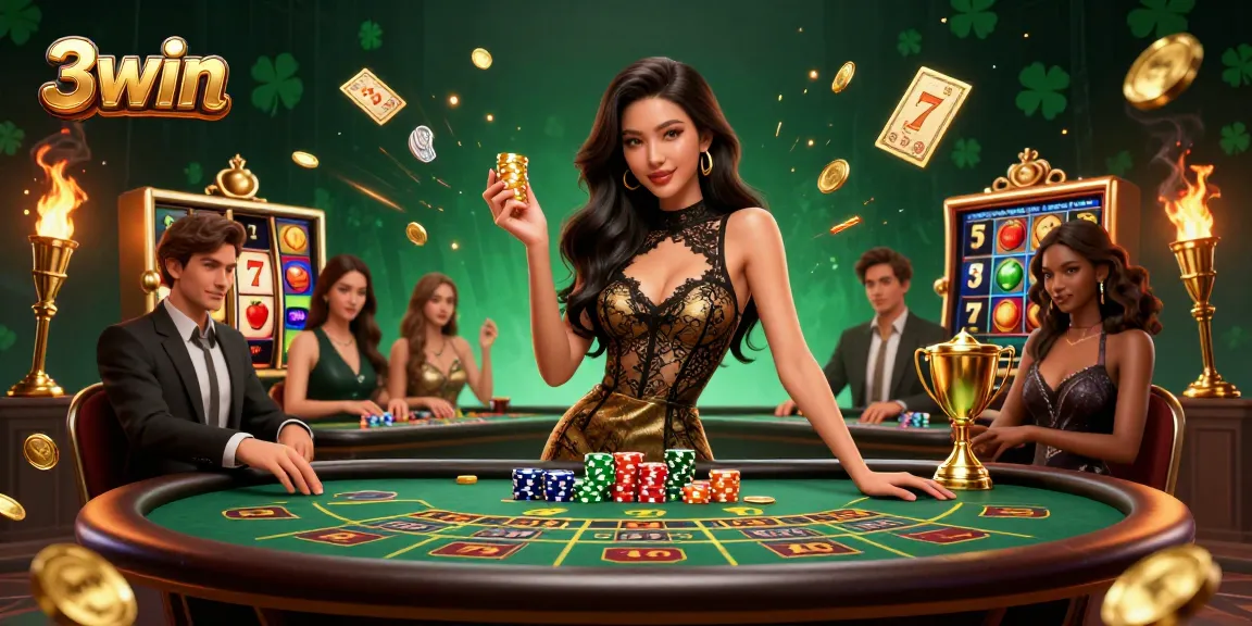 Experience the thrill of 3win with dynamic slot elements and a glamorous baccarat scene.