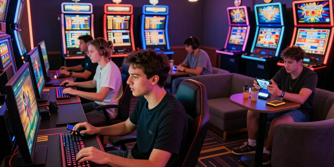 Excited players at a credit card casino engaging with games on desktops and mobile devices in a lively, modern atmosphere.