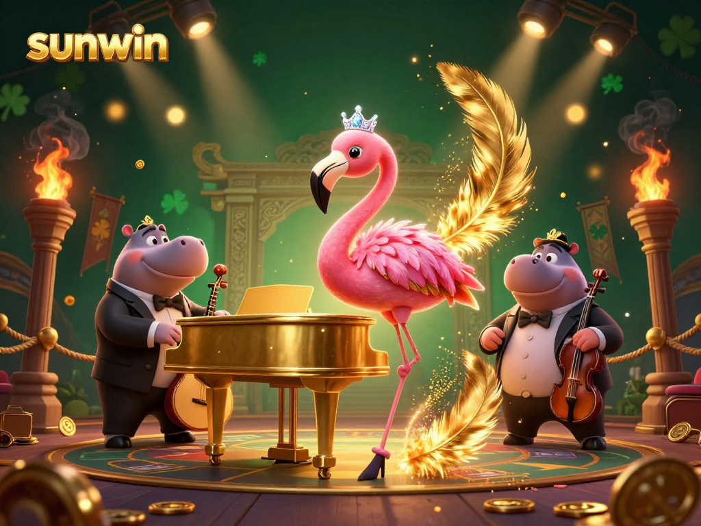 Experience the excitement of sunwin with a vibrant casino scene featuring a flamingo singer and a hippo bassist.