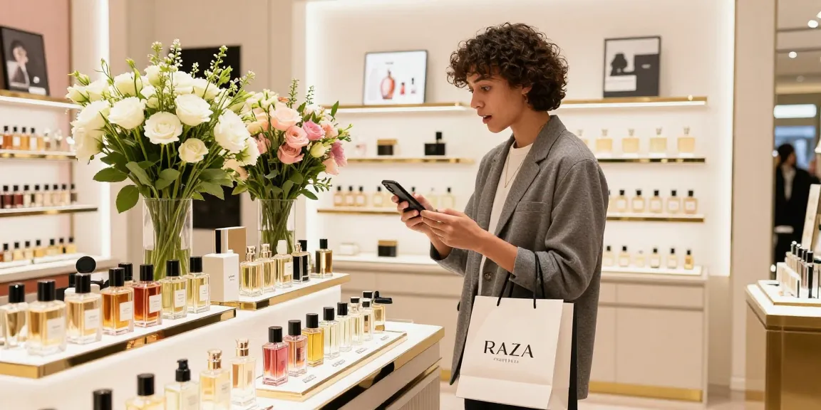 Shop Razanomade in a chic boutique filled with luxury perfumes.
