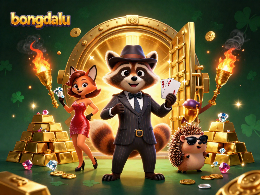 Bongdalu showcases a raccoon in a pinstripe suit, winning at a casino with dazzling treasures.