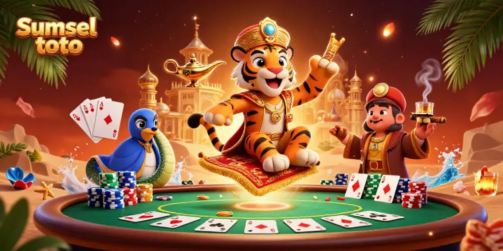 Experience sumsel toto's vibrant gambling scene with a cartoon sultan, poker chips, and rich decorations.