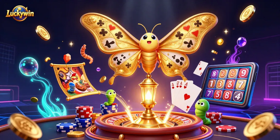 Experience the thrilling ambiance of Luckywin with golden wings, spinning roulette, and cascading casino treasures.
