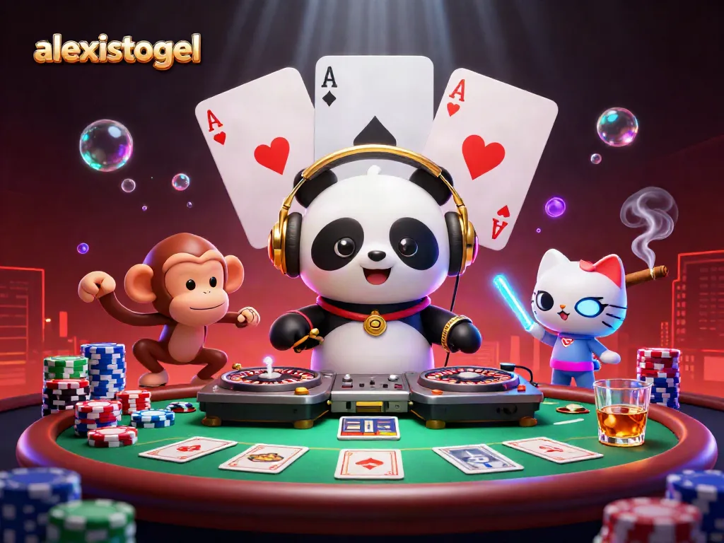 Experience the excitement of alexistogel with a DJ panda spinning, poker action, and vibrant characters.