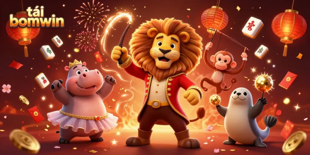 Join in the fun with tải bomwin as a lively circus scene unfolds with gaming elements!