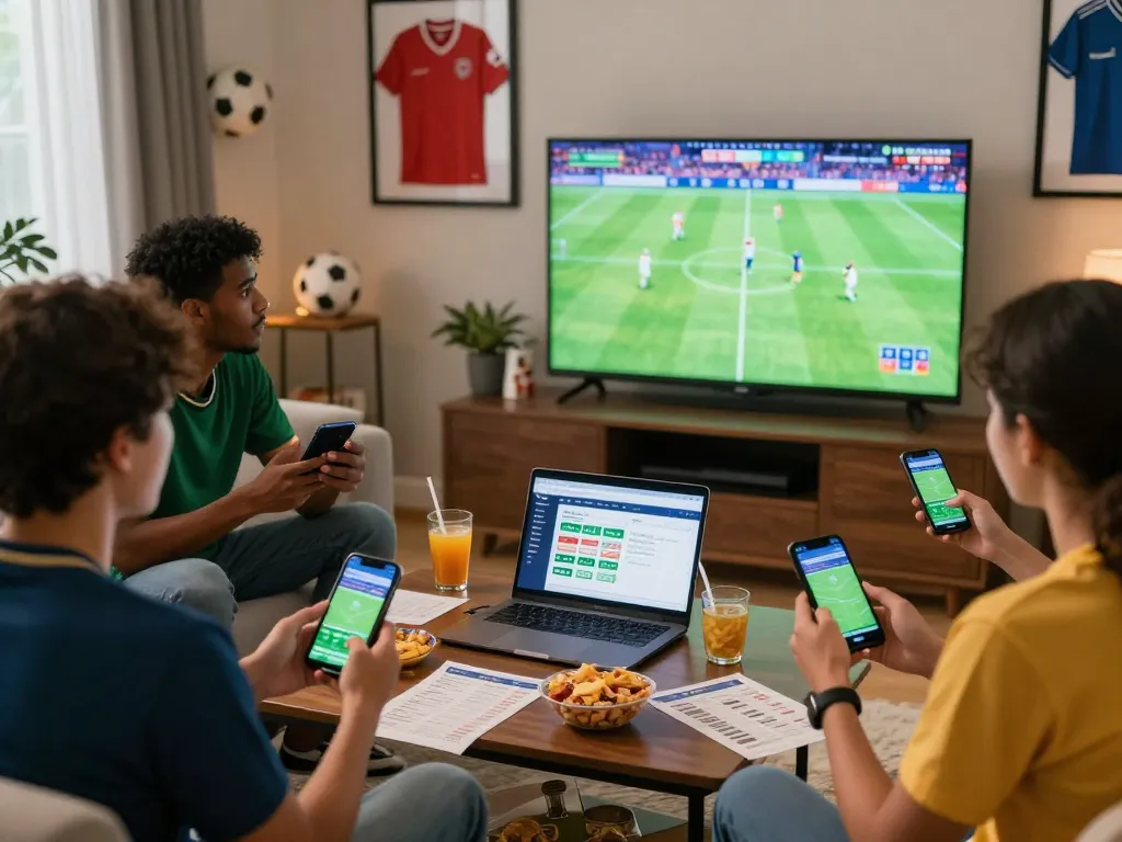 Excited friends analyzing kèo nhà cái while watching a live football match, showcasing real-time betting engagement.