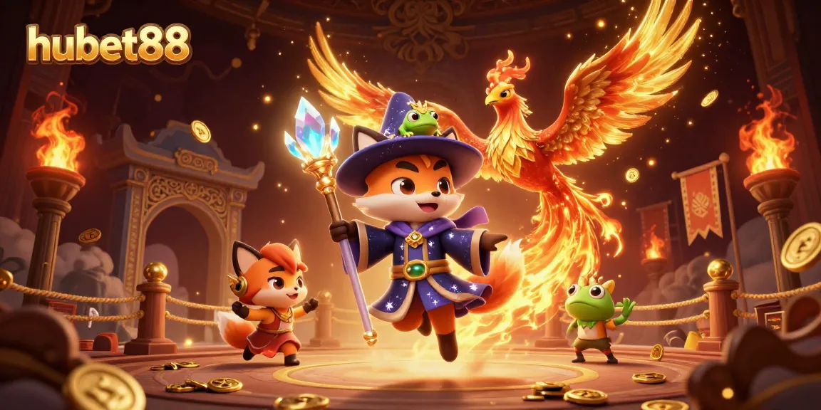 Capture thrilling moments at hubet88 with a vibrant, dynamic casino scene featuring a mystic wizard fox and phoenix.