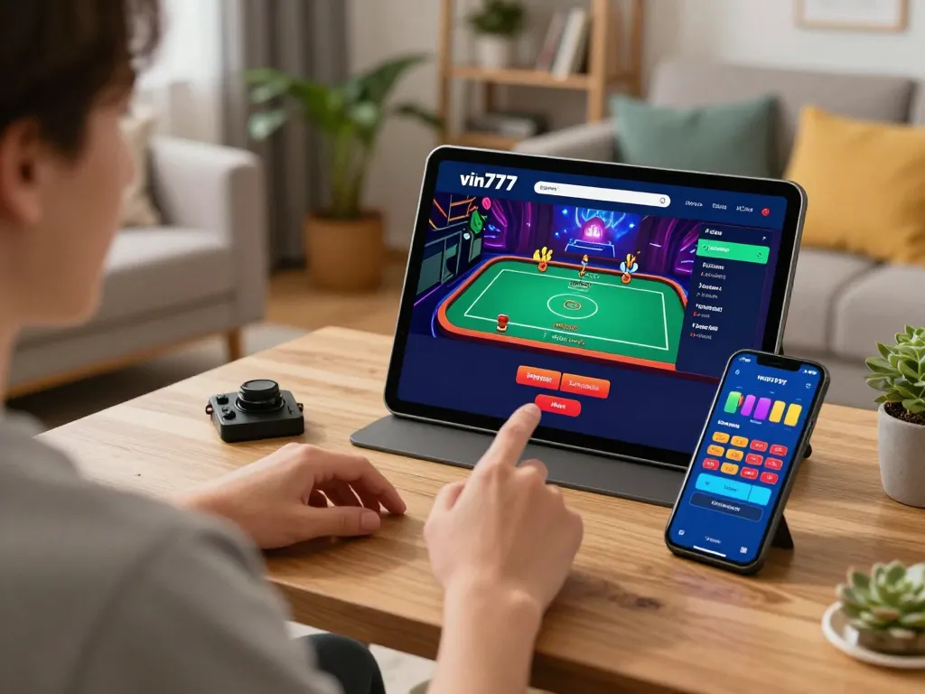 Engaging with the vin777 app for online casino gaming in a cozy home setting