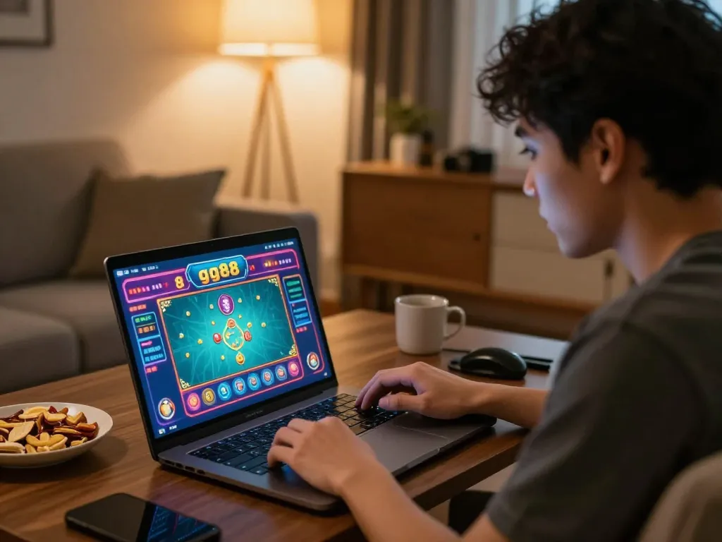 Player engaged with gg88 online casino game interface, showcasing immersive betting strategy in cozy setting.