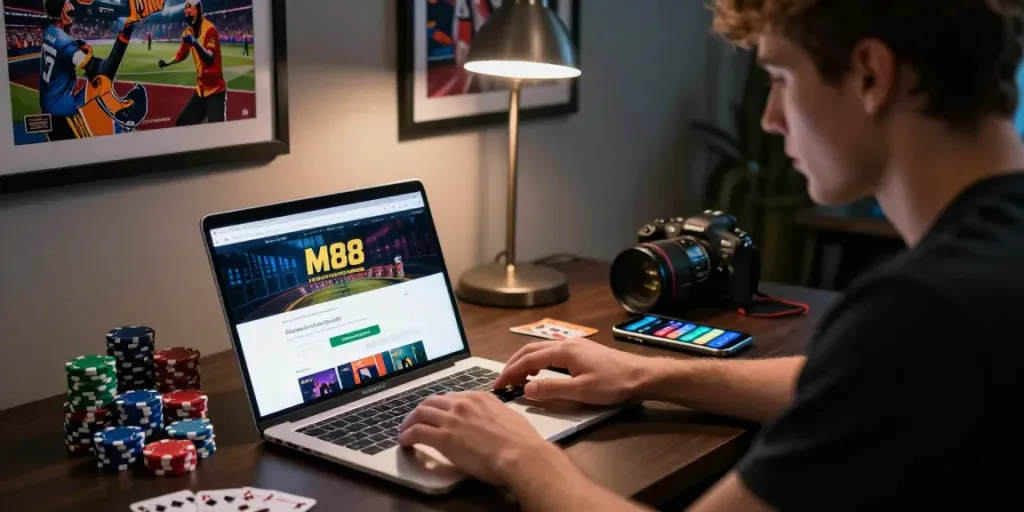 M88 Login alternatif at user’s desk with laptop and betting chips, capturing online gambling excitement