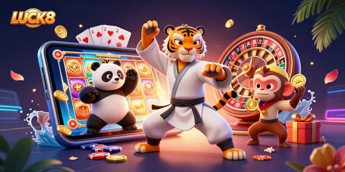 Experience big wins with LUCK8 as a kung fu tiger directs thrilling casino action in this vibrant 3D illustration.