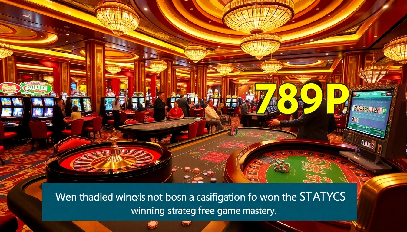 Exciting casino scene with luxurious gaming tables, vibrant roulette wheels, and poker chips at 789P.