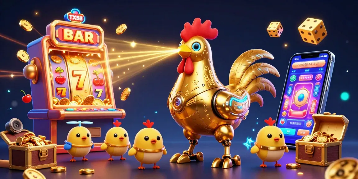 Engage with exciting TX88 games featuring a golden rooster robot and vibrant casino elements.