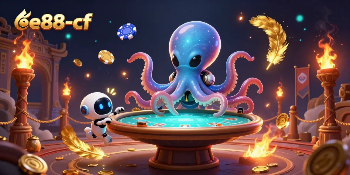 Watch an alien octopus play poker in a vibrant scene showcasing ee88-cf's exciting casino atmosphere.