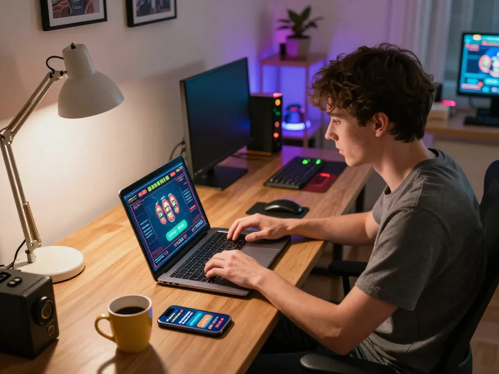 Person engaging in strategic online gameplay with ok8386 casino settings on a laptop, showcasing immersive gaming experience.