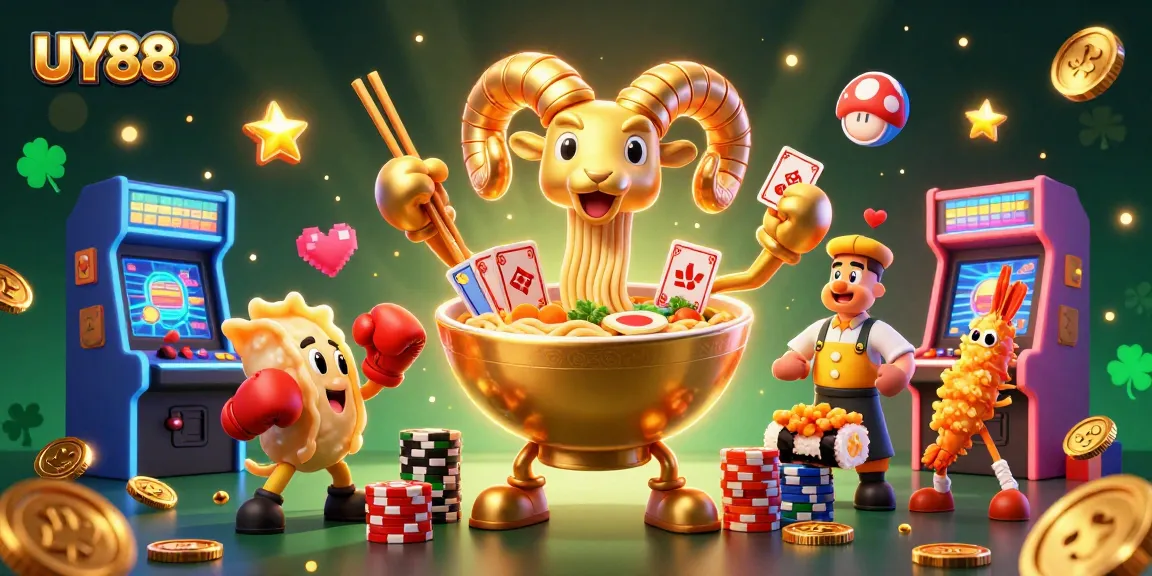 Engage in excitement at UY88 casino with a vibrant 3D scene featuring quirky characters and gaming elements.