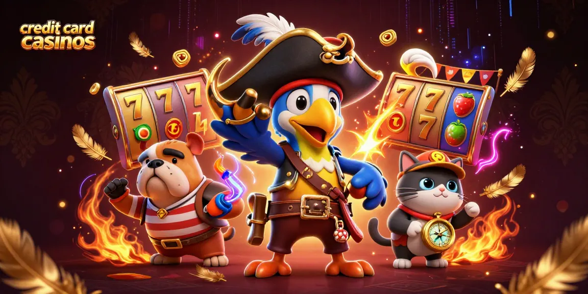 Experience the thrill of credit card casinos with cartoon characters amidst vibrant gaming elements.