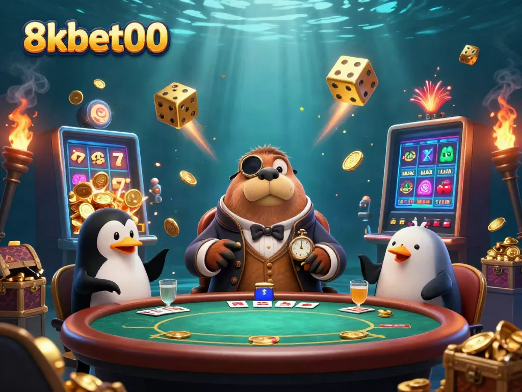Experience thrilling gameplay with 8xbet00 featuring a walrus poker player at an underwater casino.