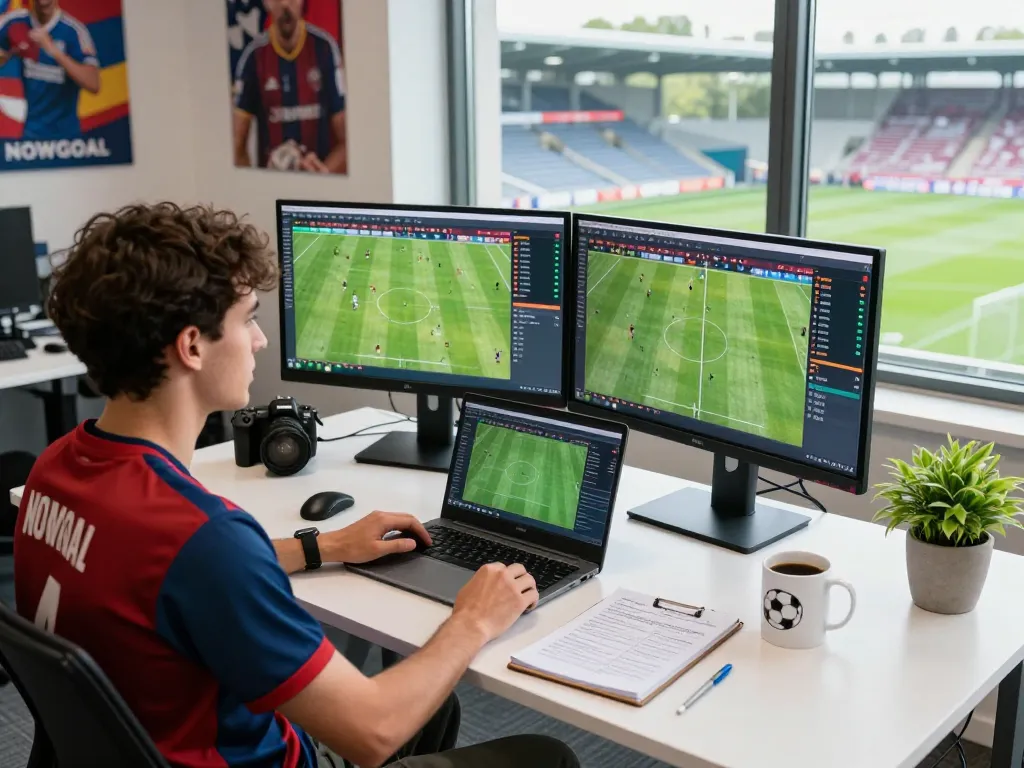 Football analysis workspace with NOWGOAL match statistics and team data displayed dynamically.