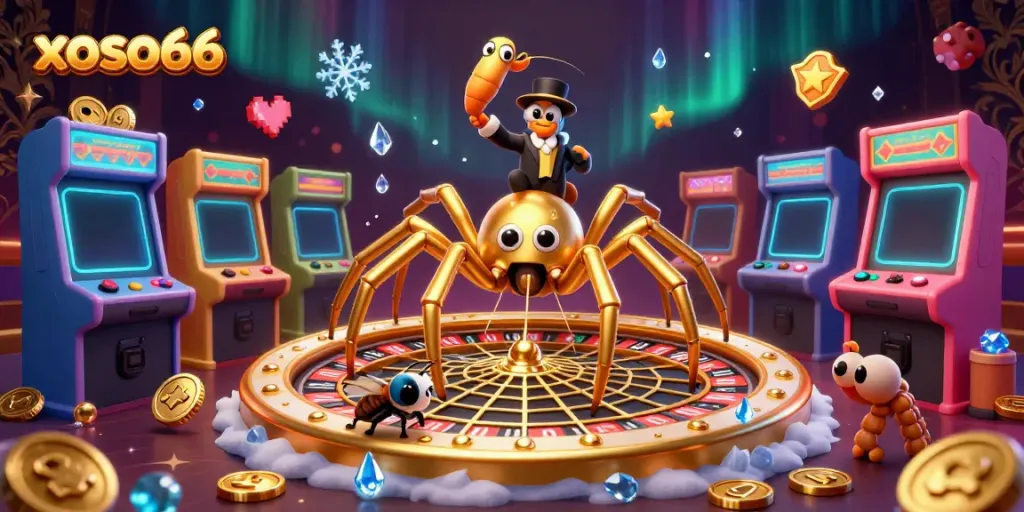 Engage with xoso66 as a fly bets nervously at a golden roulette wheel web in this vibrant casino scene.