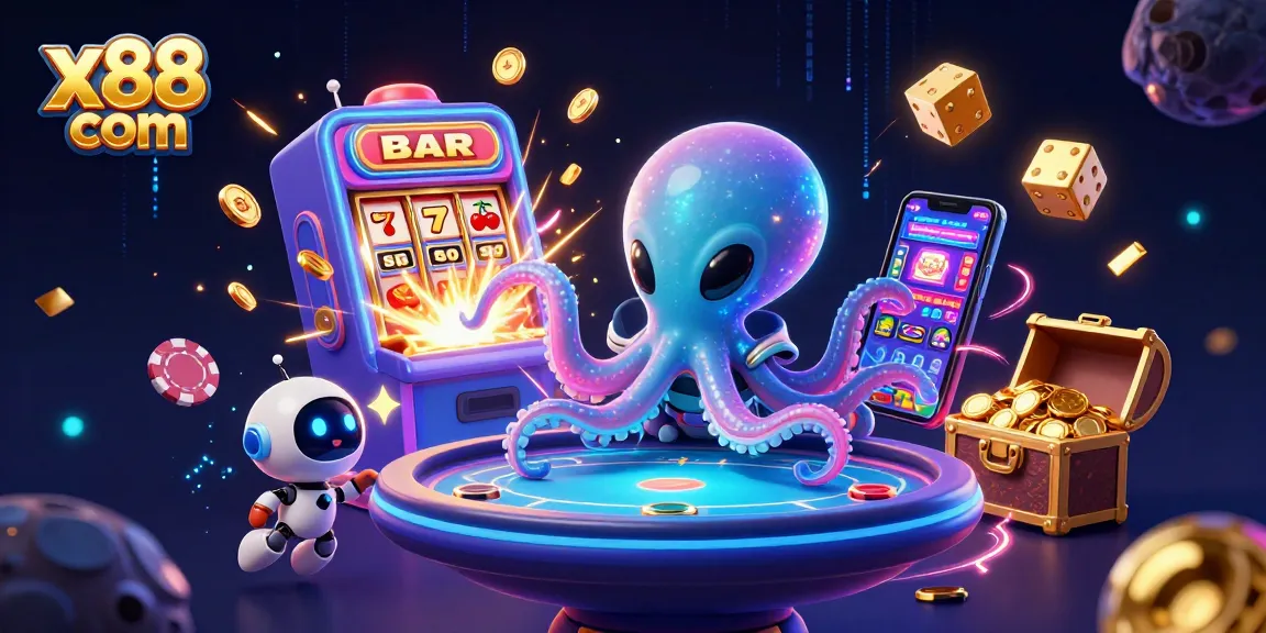 x88 com engages players with a 3D alien octopus operating a dynamic poker table amidst a jackpot explosion.